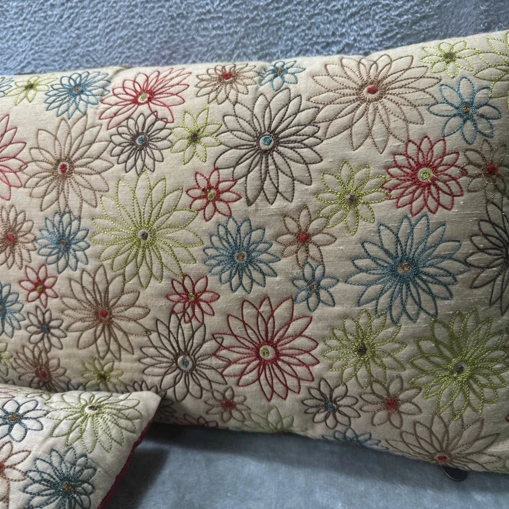 Pier 1 Embroidered Floral Lumbar Throw Pillows Set of 2 Striped Reversible Retro